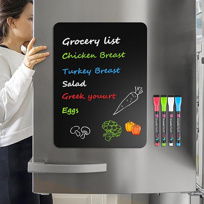 MaxGear Magnetic Black Dry Erase Board Sheet for Refrigerator, 16"x12" Fridge Magnetic Whiteboard for Kitchen, Fridge Shopping List for Family Planner and Grocery List, 4 Chalk Markers