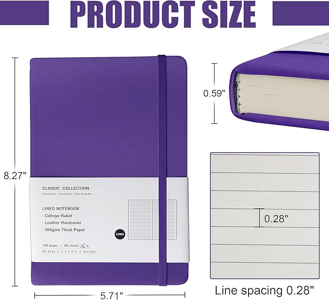 Lined Journal Notebook, 10Pack(Purple), 160 Pages, Medium 5.7 inches x 8 inches - 100 gsm Thick Paper, Hardcover