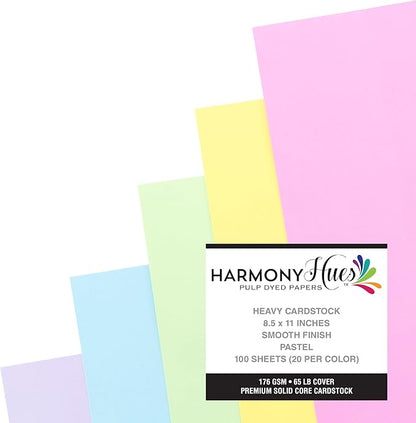 Cardstock 8.5 x 11 Paper Pack - 65lb Smooth Card Stock for Crafts, Cardmaking, Printers - 100 Scrapbook Sheets, 5 Assorted Colors - Double Sided with Solid Core, Pastel