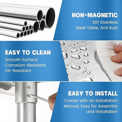 Stainless Steel Table for Prep & Work with 4 Caster Wheels with Backsplash 24 x 48 NSF Metal Commercial Kitchen Adjustable Under Shelf Worktable for Restaurant Home Outdoor