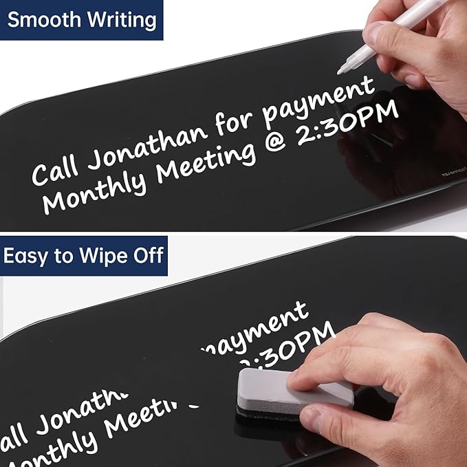 TSJ OFFICE Glass Desktop Whiteboard - 17 X 7 Inches Small Dry Erase Board with Green Light, Black Glass White Board Surface Notepad with 1 Drawer, Desk Organizers for Office, Home, School Supplies