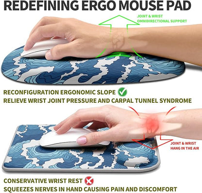 Hokafenle Ergonomic Mouse Pad Wrist Support, Terraced Slope Carpal Tunnel Wrist Pad for Mouse with Unibody Memory Foam, Wrist Rest Pain Relief Mousepad (Abstract Waves, 11.8x7.9 in)