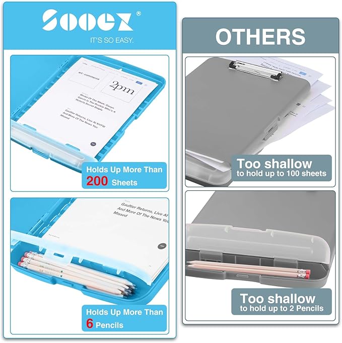 Sooez Clipboard with Storage, High Capacity Nursing Clipboards with Pen Holder, Heavy Duty Plastic Storage Clipboard with Low Profile Clip, Clipboard Folder, Teacher Must Haves, Office Supplies