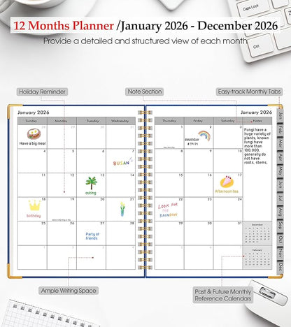 2026 Planner, Weekly and Monthly Calendar Planner from January 2026 - December 2026, 8.5" x 11" Hardcover Leather Hourly Appointment Book with Tabs, Spiral Daily Planners for College School Work Home, Navy