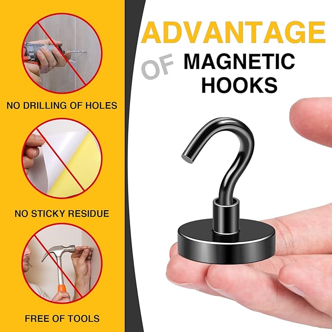 DIYMAG Black Magnetic Hooks, 118 LB Heavy Duty Strong Magnet with Hooks, Strong Rare Earth Neodymium Magnet Hooks for Hanging, Magnetic Hanger for Curtain, Home, Kitchen, Workplace, 20 Packs