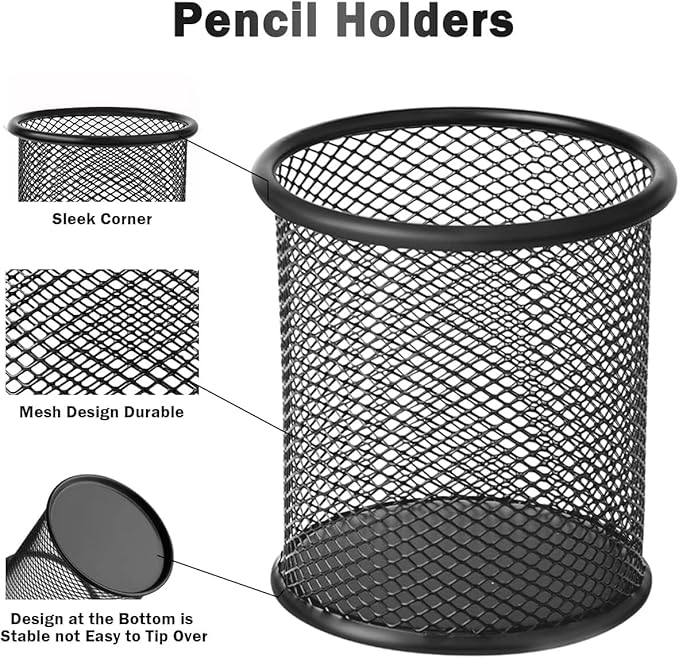 2 Pack Mesh Metal Pen Holder for Desk, 3.54×3.85IN Pencil Holder Workspace Organizers for School Office- Desk Accessories & Storage Products, Black