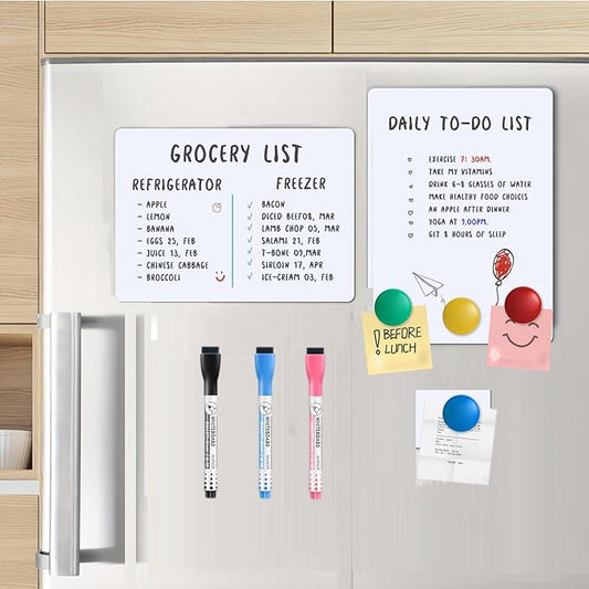 Magnetic Fridge Whiteboard Set: Dry Erase White Board (12X8), Magnets (Bonus), Markers & Erasers