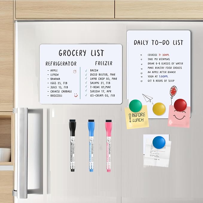Magnetic Fridge Whiteboard Set: Dry Erase White Board (12X8), Magnets (Bonus), Markers & Erasers
