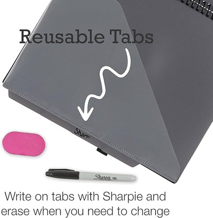 Samsill 10 Pocket Poly Organizer with 5 Dividers, File Folders Letter Size, Refillable Notepad, Customizable Front Cover, Erasable Write-On Tabs, Pen Loop, Plastic Folders with Pockets, Gray