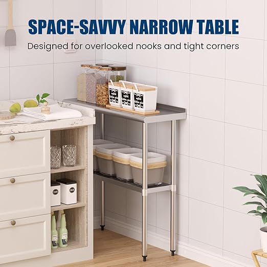 Stainless Steel Table 14 x 36 Inches Metal Prep Table with Backsplash & Adjustable Undershelf for Commercial Kitchen, Outdoor, Restaurant, Hotel & Garage