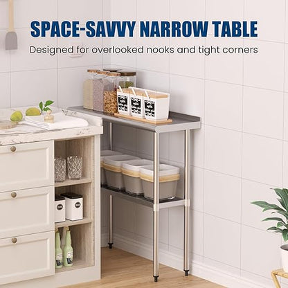 Stainless Steel Table 14 x 36 Inches Metal Prep Table with Backsplash & Adjustable Undershelf for Commercial Kitchen, Outdoor, Restaurant, Hotel & Garage