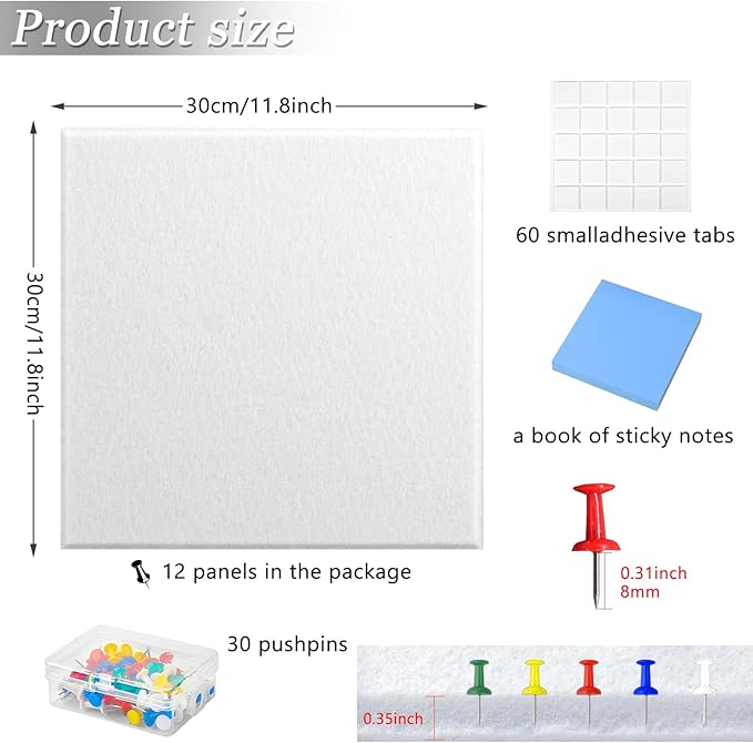 Large Cork Board Alternative for Walls, 47"x35" 12 Pack Felt Wall Tiles Bulletin Board with 30 Push Pins, Sticky Notes, Cork Boards for Office Pin Board Tack Board Felt Boards (White)