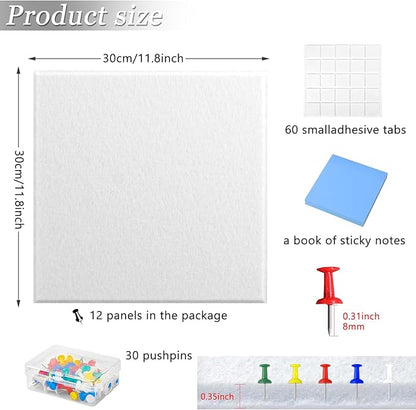Large Cork Board Alternative for Walls, 47"x35" 12 Pack Felt Wall Tiles Bulletin Board with 30 Push Pins, Sticky Notes, Cork Boards for Office Pin Board Tack Board Felt Boards (White)