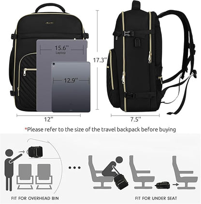 Travel Backpack for Women, Carry On Backpack for Airplanes Flight Approved, Waterproof Large Weekender Overnight Bag Fit 15.6 Inch Laptop with USB Charging Port, Black