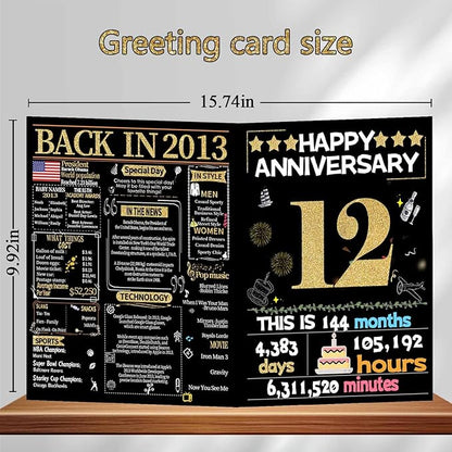 Joycard 12th Anniversary Card for Women Men, Gold Wedding Card for Wife Husband, Sweet Marriage Decorations Gifts for Couple, Perfect for Her Him on Anniversary Day, Back in 2013