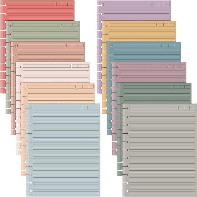 PerKoop 12 Pack 480 Sheets Colored Discbound Refill Paper 8.5 x 11 Inch College Ruled 11 Disc Letter Size Lined Paper Multicolored Refill Notebooks Disc Paper for Refill Paper Journaling (Retro Color)