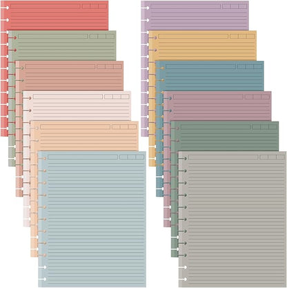 PerKoop 12 Pack 480 Sheets Colored Discbound Refill Paper 8.5 x 11 Inch College Ruled 11 Disc Letter Size Lined Paper Multicolored Refill Notebooks Disc Paper for Refill Paper Journaling (Retro Color)