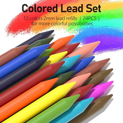 Four Candies 3PCS 2MM Mechanical Pencils with case, Artist Lead Pencil Metal Lead Holder with 120 Graphite Lead Refills(HB 2H 2B 4B Color), 4 Erasers, Sharpener, Drafting Pencil for Drawing, Sketching