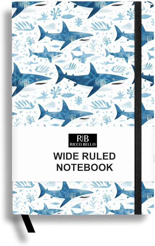 RICCO BELLO Wide Ruled Hardcover Diary Journal School Notebook for Kids, Tweens - Bookmark, Band Closure, Storage Pocket, 5.7 x 8.4 Inches, 192 Pages (Blue Shark)