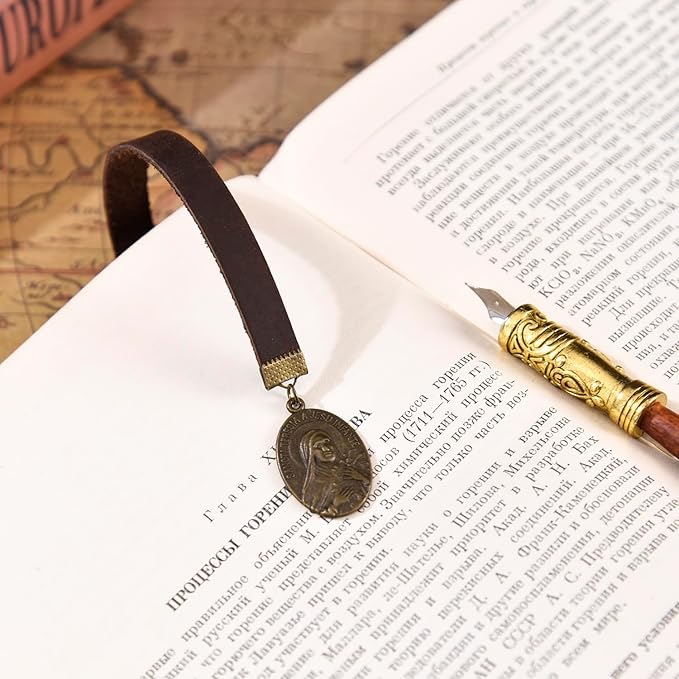 Bookmark, Sancta Teresia a Iesu Infante Bookmarks, with Long Leather Strap, Handmade Vintage Cross Prayer Book Mark, Ideal Catholic Gift (Style 9)