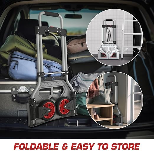 DNA MOTORING Folding Hand Truck, 176lbs Capacity Foldable Dolly Cart for Moving Heavy Loads, Collapsible Hand Truck, w/Telescopic Handle, Bungee Cord, Red, TOOLS-00744