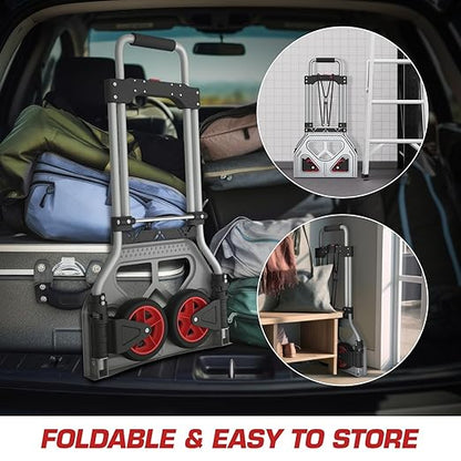 DNA MOTORING Folding Hand Truck, 176lbs Capacity Foldable Dolly Cart for Moving Heavy Loads, Collapsible Hand Truck, w/Telescopic Handle, Bungee Cord, Red, TOOLS-00744