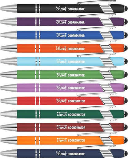 Colarr 12 Pcs Employee Appreciation Pen Ballpoint with Stylus Tip Pen 1.0 mm Black Ink Multicolor Smooth Motivational 2 in 1 Ballpoint Supplies for Coworker Thank You Gift (Chaos Coordinator)