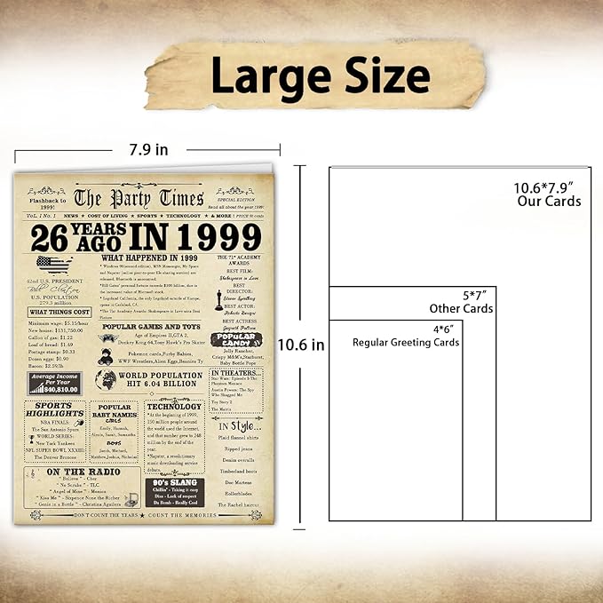 Large 26th Birthday Gift for Him Her,Funny 26 Year Old Birthday Vintage Greeting Card for Men Women, 26th Birthday Decoration for Husband Wife,Unique 26th Birthday Card