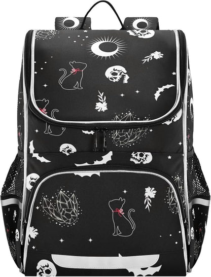 Goth Skull Cat Backpack with Reflective Strip for Kids Boys Girls Elementary School Bag Removable Chest Strap