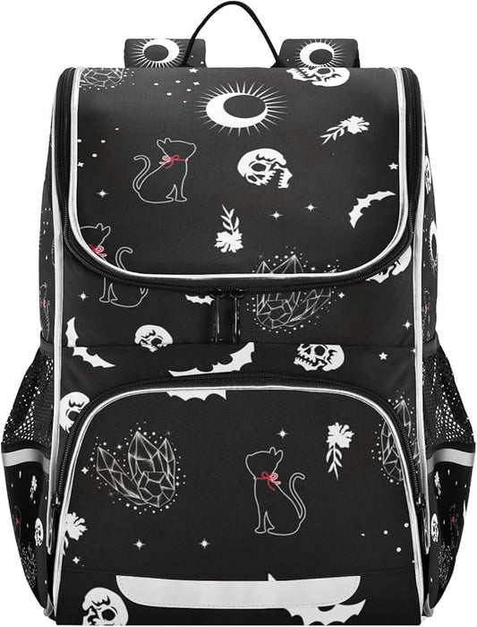 Goth Skull Cat Backpack with Reflective Strip for Kids Boys Girls Elementary School Bag Removable Chest Strap