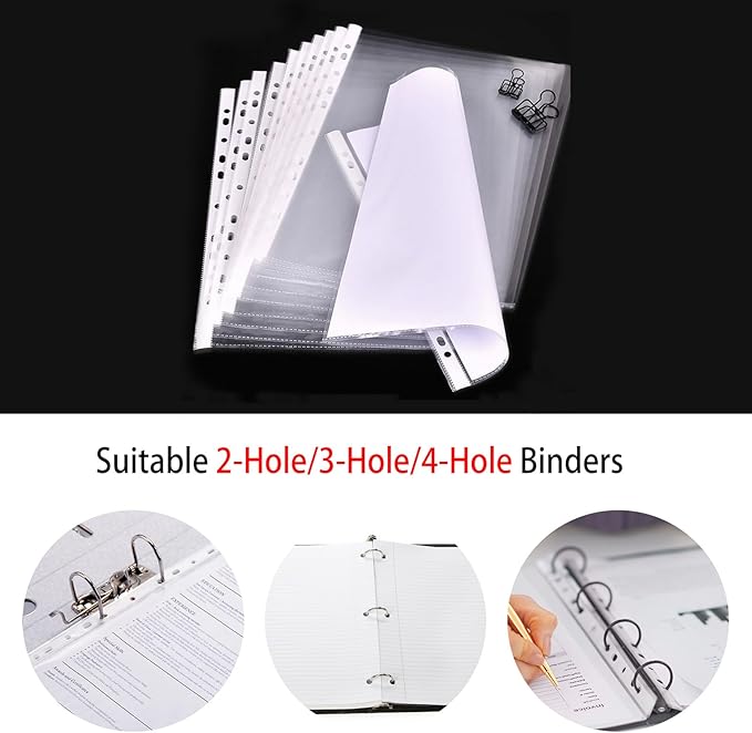 100 Pcs Sheet Protectors 12in*9in Clear Binder Sleeves with 9 Sheets Color Tabs for 2/3/4 Ring Binder(11 Hole)