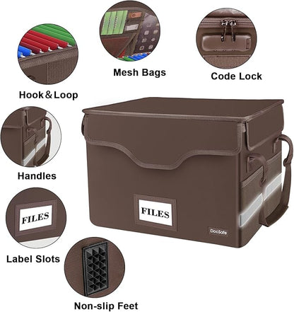 DocSafe File Box Fireproof Document Box with Lock, File Storage Organizer Box with Pockets,Collapsible Portable File Box Home Office File Cabinet with Handle for Hanging Letter/Legal Folder,Brown