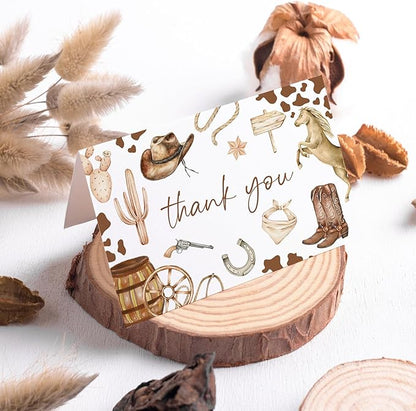 24 Pack Western Cowboy Thank You Cards Brown Cowboy Hat Boots Horse Note Cards with Envelopes Stickers Greeting Blank Cards for Birthday Baby Shower