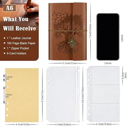 OMEYA PU Leather Journals Notebooks with Blank Pages, Vintage Refillable Journal for Writing, Travel Diary Art Sketchbook to Write in, Gifts for Women, Men, Teen Girls and Boys, 160 Pages (Brown, A6)