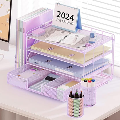 Desk Organizers and Accessories, Paper Letter Tray File Organizer with Drawer and 2 Pen Holder, Classroom Office Supplies Decor Desk Accessories Workspace Desktop Organizer for Women(Purple)