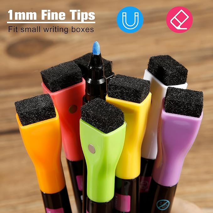 Liquid Chalk Markers Magnetic Wet Erase Markers for Acrylic Calendar Planning Board Clear Glass Writing Board Whiteboard Window/Mirror, 16 Pack, 8 Vibrant Color, 1mm Fine Tip