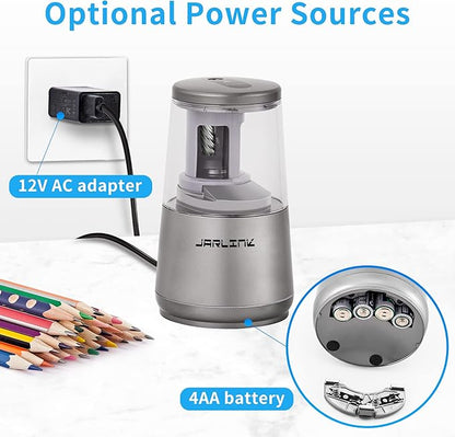 JARLINK Electric Pencil Sharpener, Heavy-Duty Helical Blade to Fast Sharpen, Auto Stop for No.2/Colored Pencils(6-8mm), USB/Battery Operated in School Classroom/Office/Home (Gray)