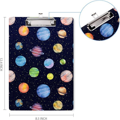 WAVEYU Cute Hardboard Clipboard for Kids Boys, Clipboard with Low Profile Clip for Students Classroom School and Office Use 12.5"x 9", Planet Pattern