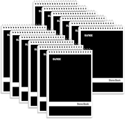 SUNEE 12 Pack Steno Pads 6x9, Gregg Rule, 60 Sheets, Spiral Notebook 6x9, White Paper, Take Notes with Top Spiral Notebook, for School, University, College, Work, Office, Black