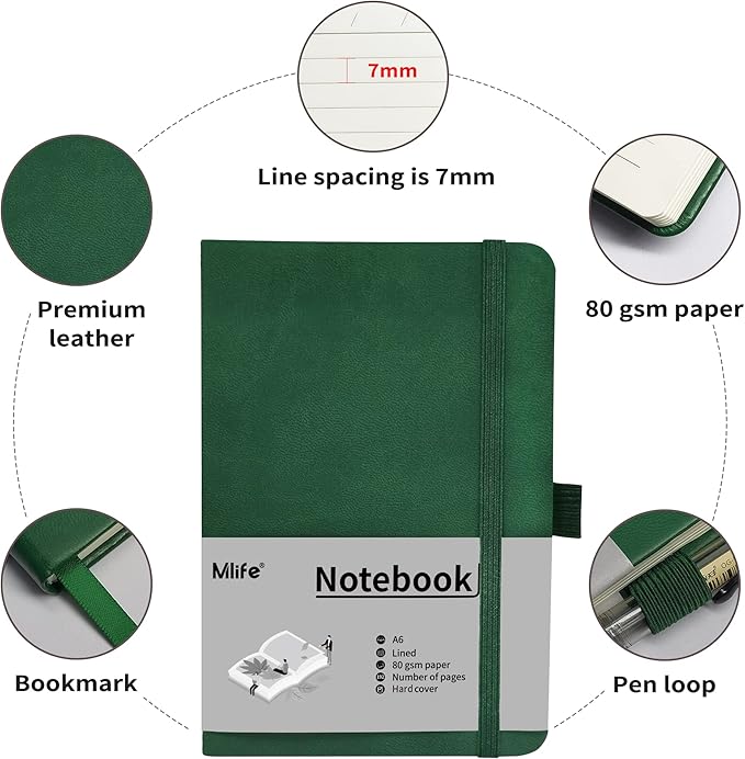 A6 Small Journal Notebook, Lined Pocket Notebook with Pen Holder, Mini Notebook Hardcover, 192 Pages, 3.9 inches * 5.5 inches Jurnal for Women and Man (Green)