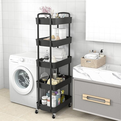 Sywhitta 5-Tier Plastic Rolling Utility Cart with Handle, Multi-Functional Storage Trolley for Office, Living Room, Kitchen, Movable Storage Organizer with Wheels, Black
