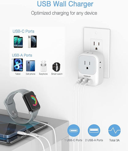 20W PD Multi Plug Adapter, TESSAN 3 USB Wall Charger Multiports (1 USB C Fast Charger), Cube Charging Station for Cruise, Home, Office, Dorm Essentials