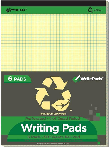 KAISA Quad Legal Pad Writing Pads, 8.5"x11.75" Graph Ruled 8.5x11 Legal Pads Note Pads, 50 Sheets Grid Paper Pads Recycled Notepads, Canary 6 Pads, KSU-7532