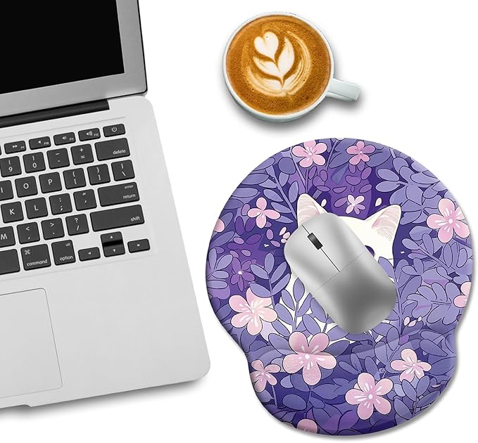 Purple Mouse Pad with Wrist Rest, Cat Ergonomic Mouse Pad Wrist Support with Non-Slip Pain Relief PU Base, Funny Computer Mousepad, Cute Kawaii Purple Office Supplies Desk Accessories Decor