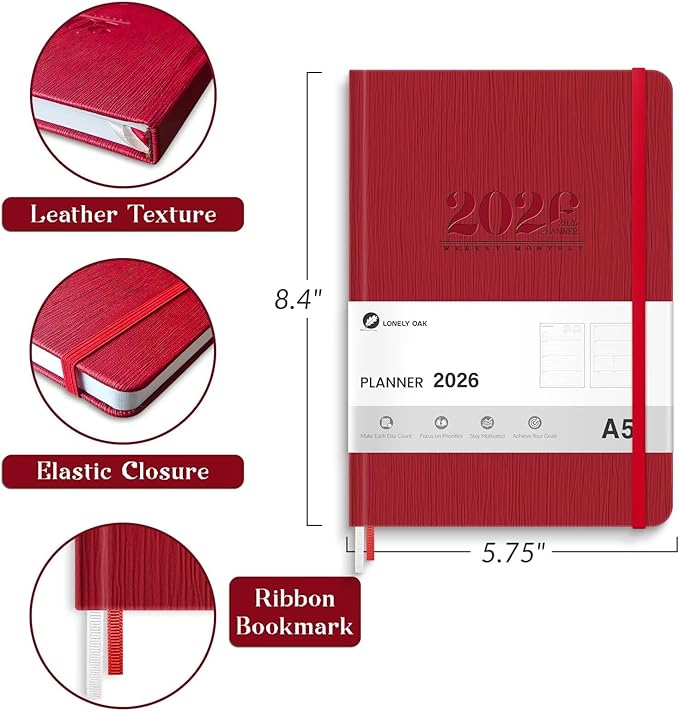 2026 Planner, Weekly and Monthly Planners, Faux Leather Daily Calendar 2026 Planner, 12 Month Agenda from Jan. to Dec., Hardcover Habit Tracker Journal 5.75" x 8.4"(Red)