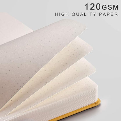 EMSHOI Dotted Journal Bullet Notebook, 256 Pages 120gsm Thick Dot Grid Notebook, A5 Hardcover Leather Journal with Stencils, 16 Perforated Pages, Pen Loop, Inner Pocket, 5.75"x8.38"-Yellow