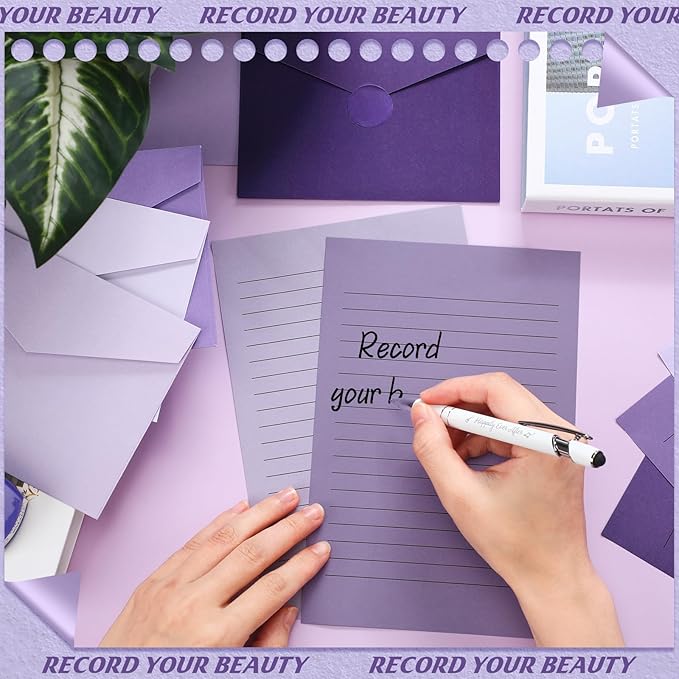 100 Pcs Stationery Lined Stationery Paper and Envelopes Set Includes 50 Letter Writing Paper and 50 Envelope for Office, 5.5 x 8.25 Inch(Purple)