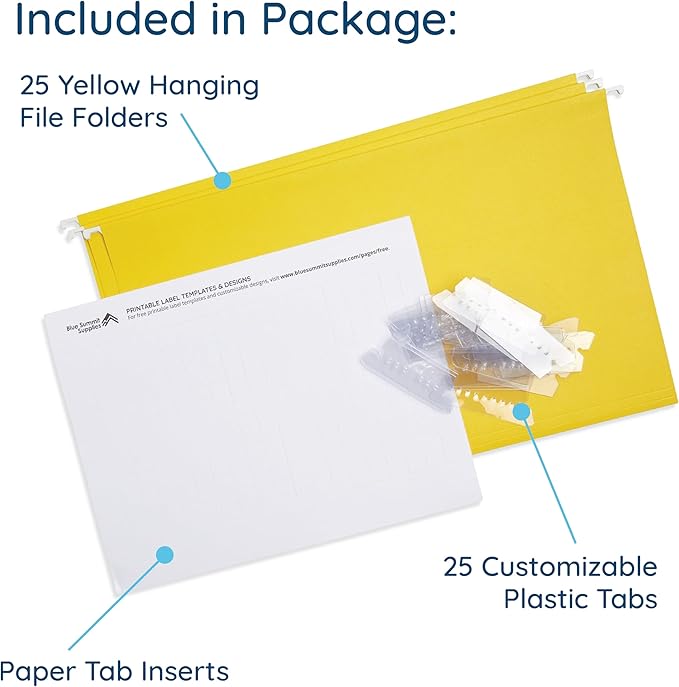 25 Blue Summit Supplies Yellow Legal Size Hanging File Folders - Durable 11pt Paper, Hanging Legal File Folders Yellow with Plastic Tabs and Inserts, Legal Size Filing, Hanging Legal Size File Folders
