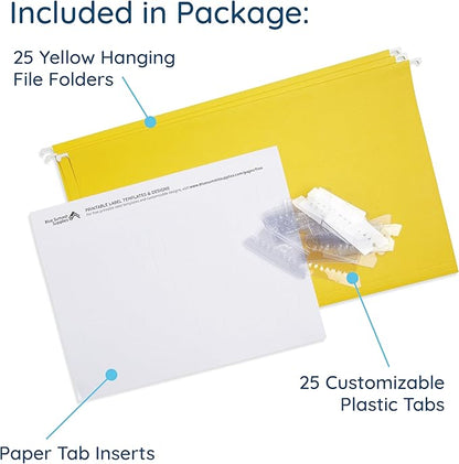 25 Blue Summit Supplies Yellow Legal Size Hanging File Folders - Durable 11pt Paper, Hanging Legal File Folders Yellow with Plastic Tabs and Inserts, Legal Size Filing, Hanging Legal Size File Folders