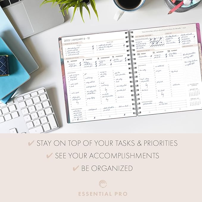 Essential PRO 2025 Daily, Weekly & Monthly Planner, 7"x9": 14 Months (Nov 2024 - Dec 2025) Monthly Tabs,Daily Tracking,Notes Pages,Storage Pocket,Bookmark w Sticky Notes (Pastel Peacock)